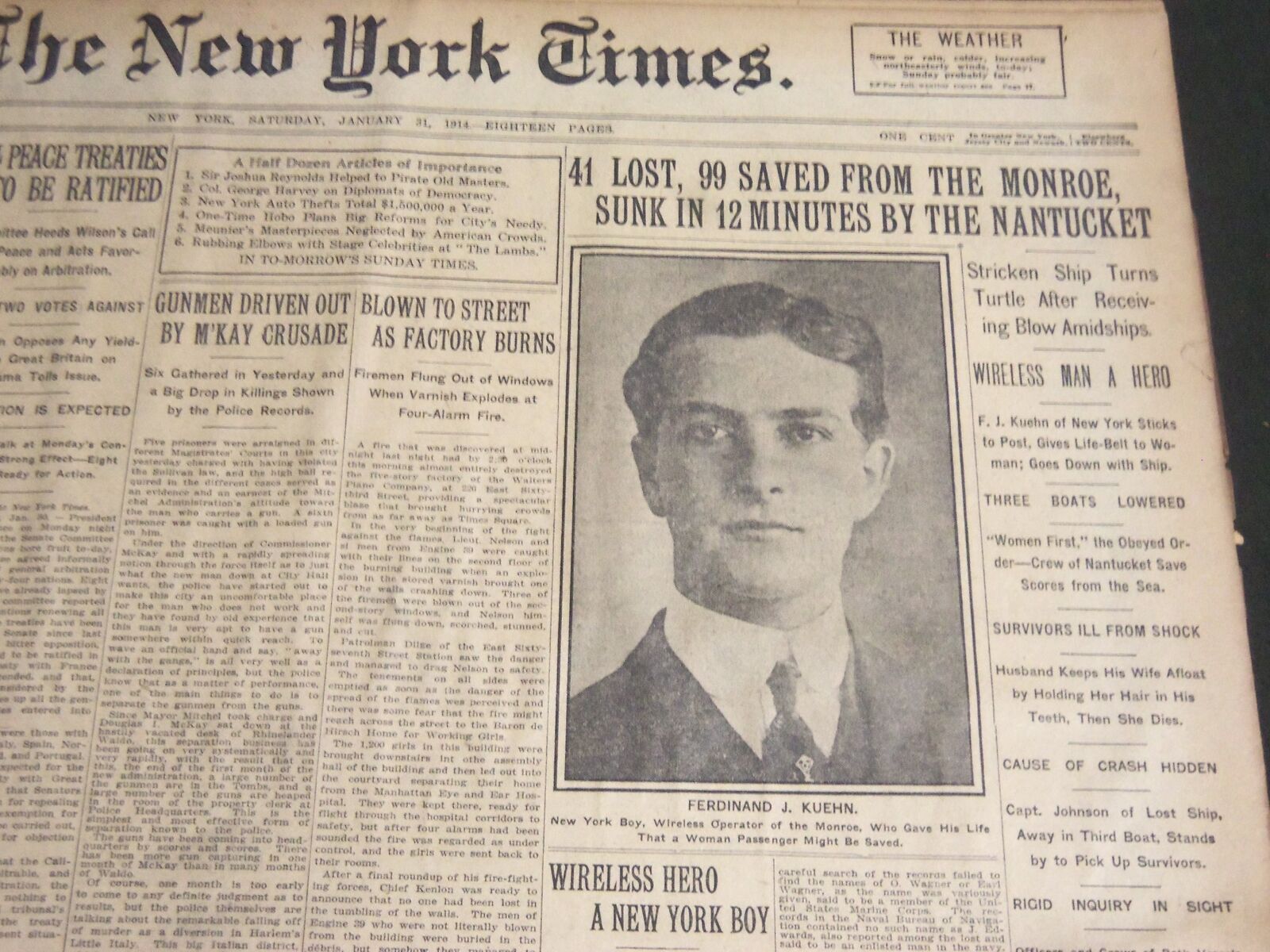 1914 JANUARY 31 NEW YORK TIMES - 41 LOST 99 SAVED FROM THE MONROE - NT 6656
