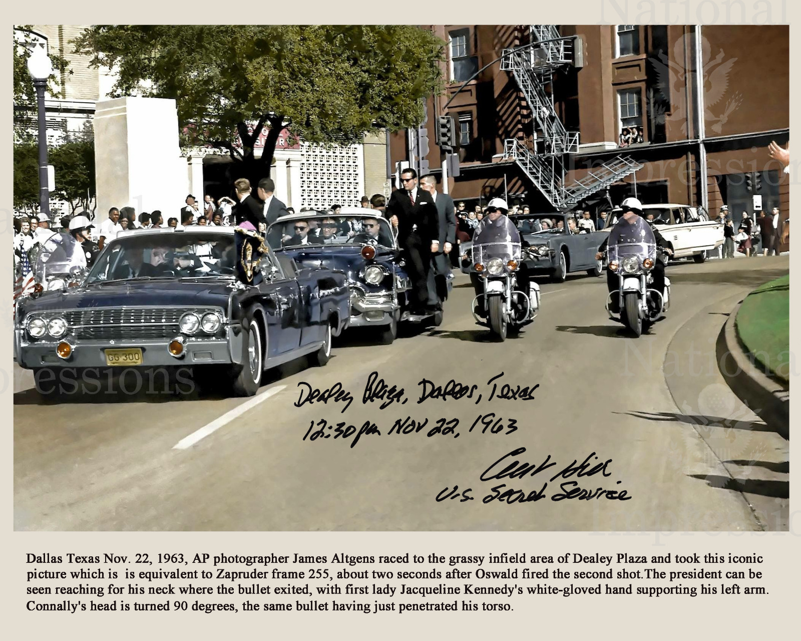 John F Kennedy assassination Dealey Plaza Clint Hill Signed 8x10 Color REPRINT