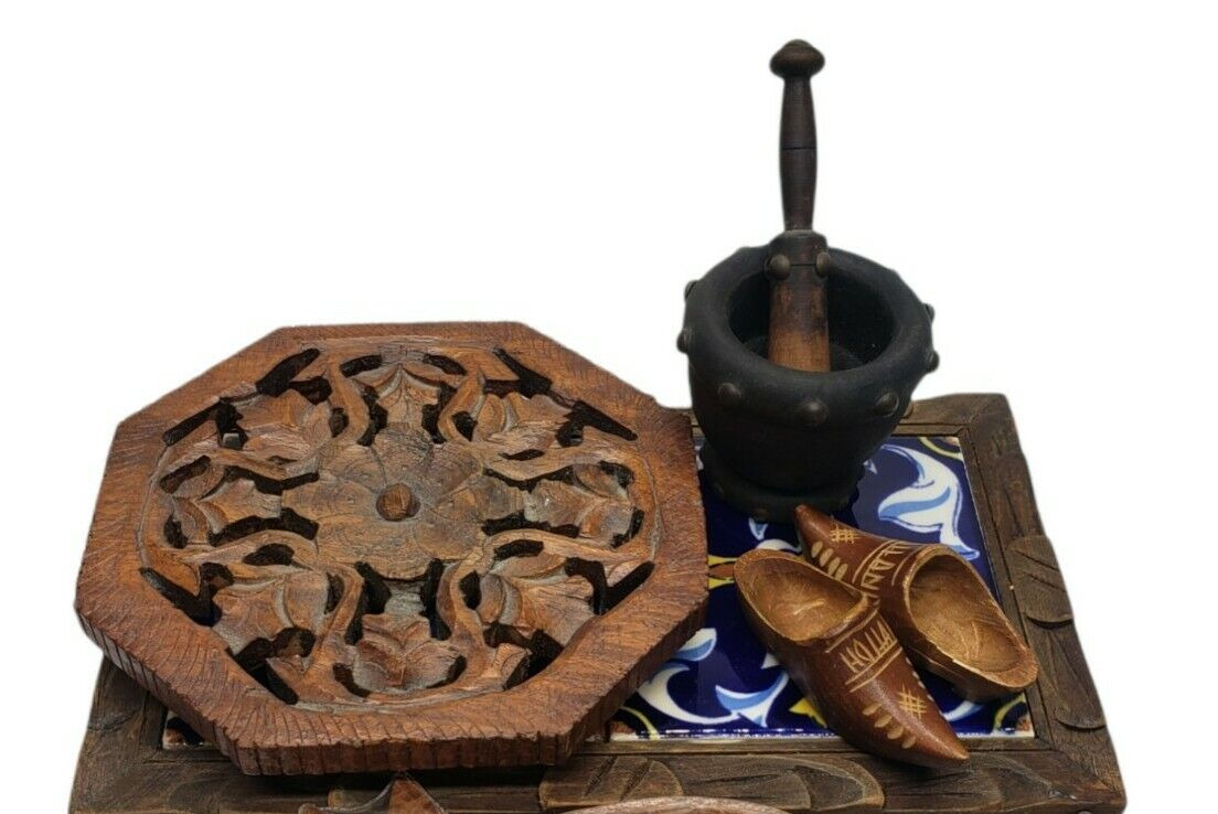Vintage Wooden Collectibles Hand Carvings, Trivets, Mortar Pestle
