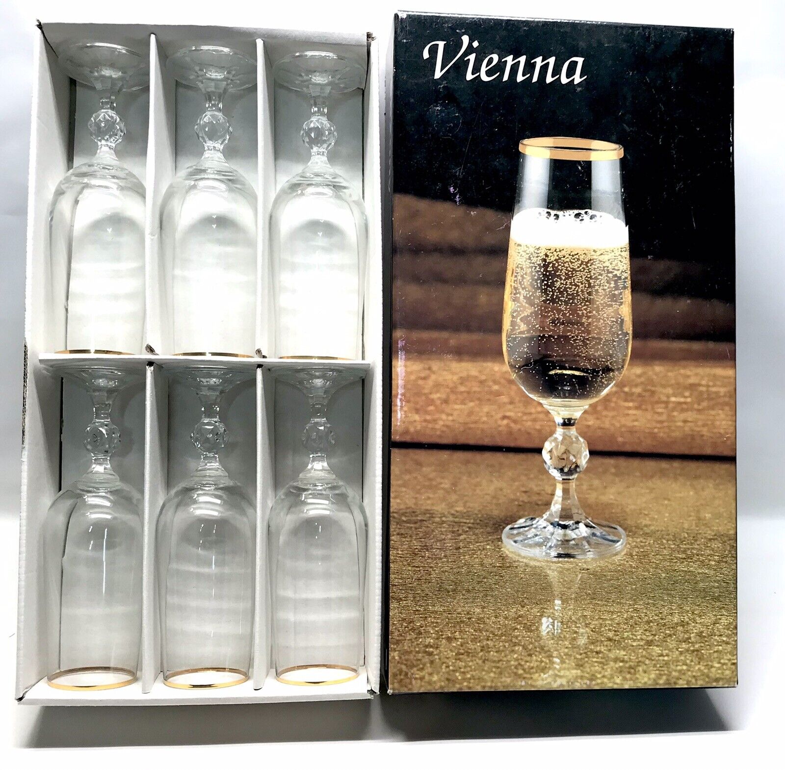 Vintage Vienna Fine Saxony Crystal Champagne Flute Glasses Gold Rim 180ml  4116