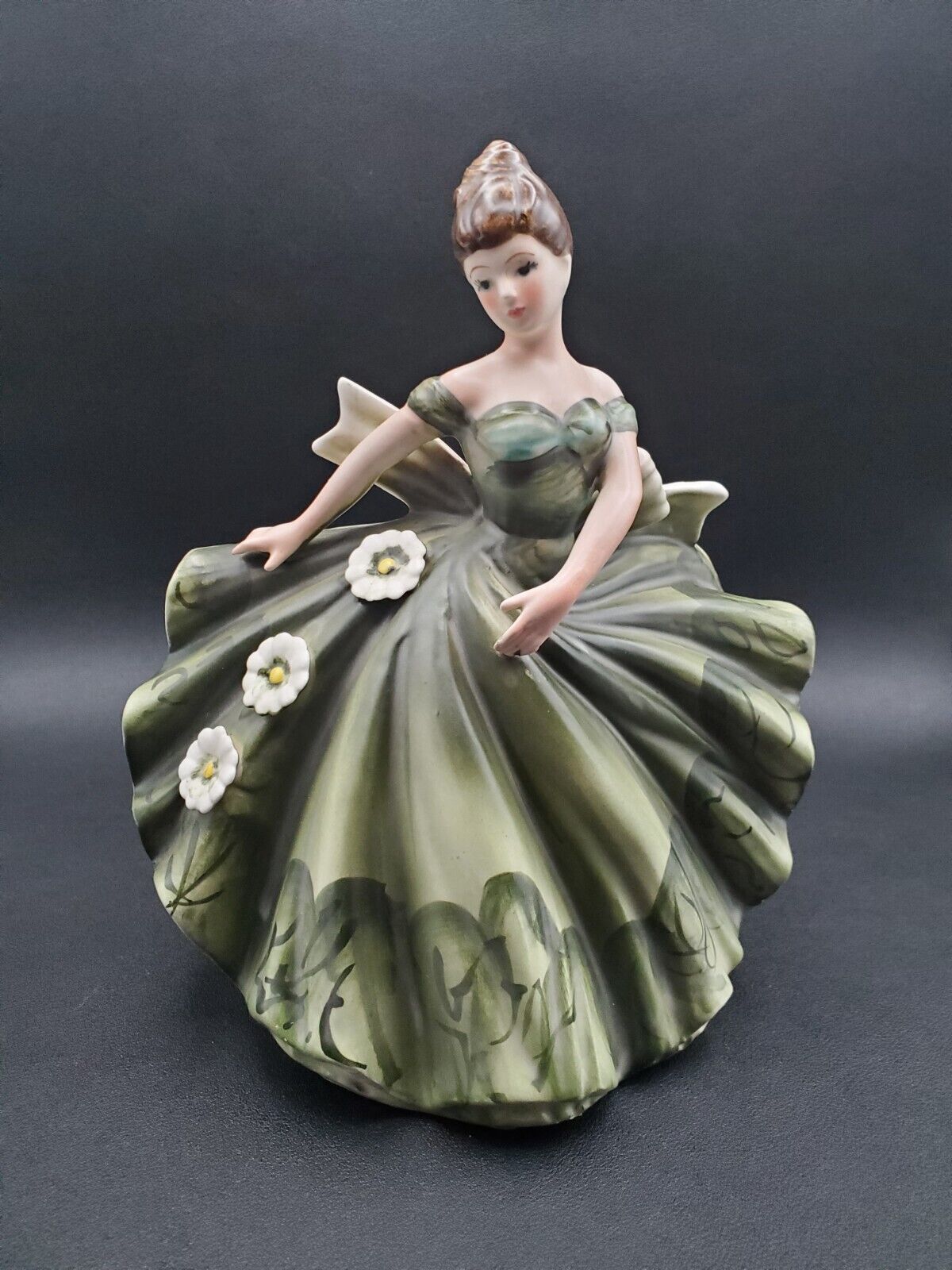 Vintage Lefton 535B Lady Figurine Planter Vase Dancing  in Fancy Green Dress
