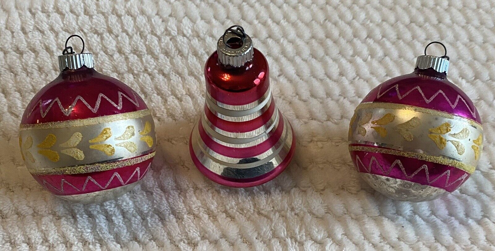 Vintage Shiny Brite Raspberry Pink Bell Striped Balls USA Mid Century Christmas