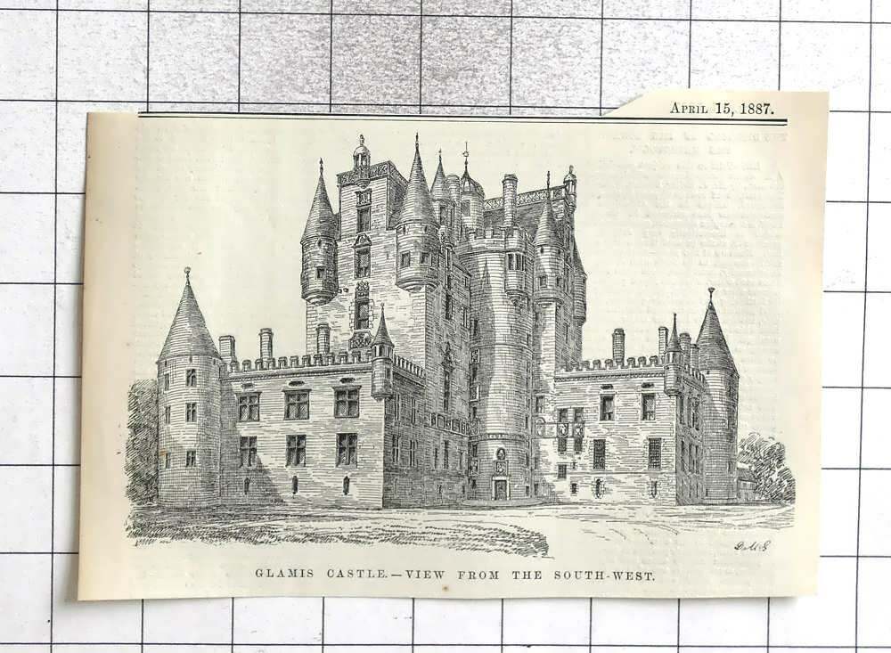 1887 Art Sketch Of Glamis Castle Viewed From The South West