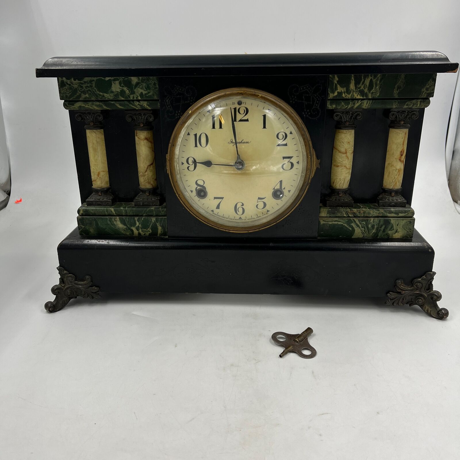 E. Ingraham Co. Antique Mantel Green Faux Marble Clock w/ Key For Parts/Repair