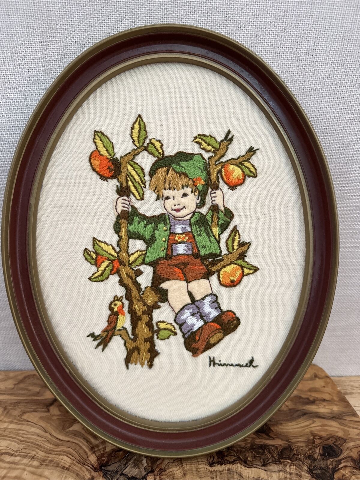 Vintage Hummel Embroidered Framed Wall Hanging Boy In Tree