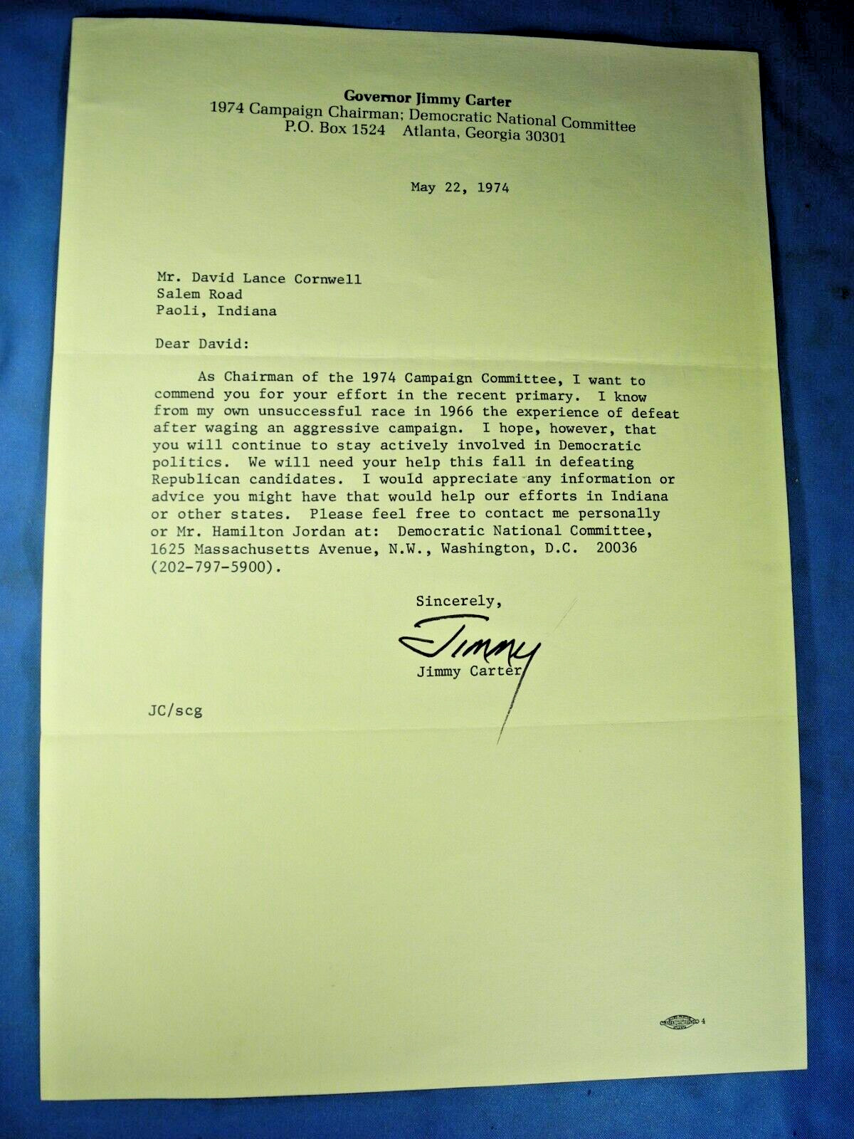 Jimmy Carter Signed 1974 Letter Georgia Governor Signature Autographed