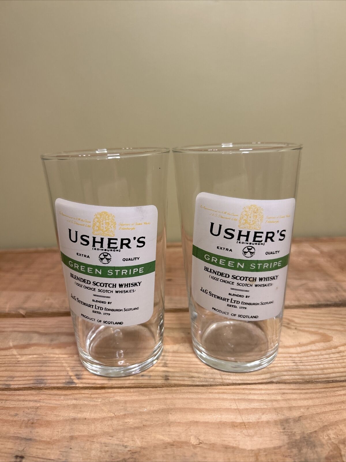 Usher's Green Stripe Blended Scotch Whisky Glass - Crooked Logo - 4.75