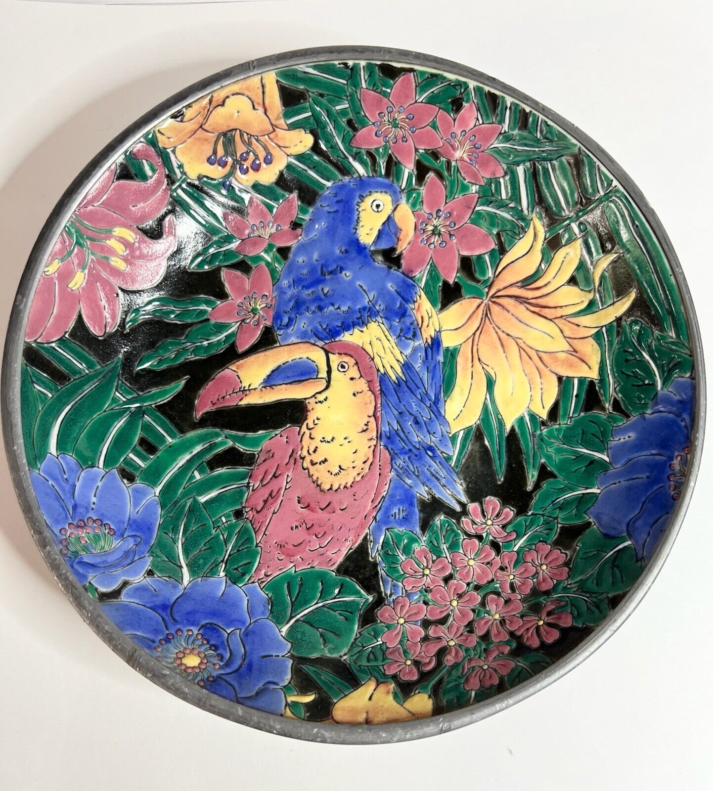 Neiman Marcus Colorful Exotic Toucan Parrots Bird  Porcelain Bowl Enamel Unique