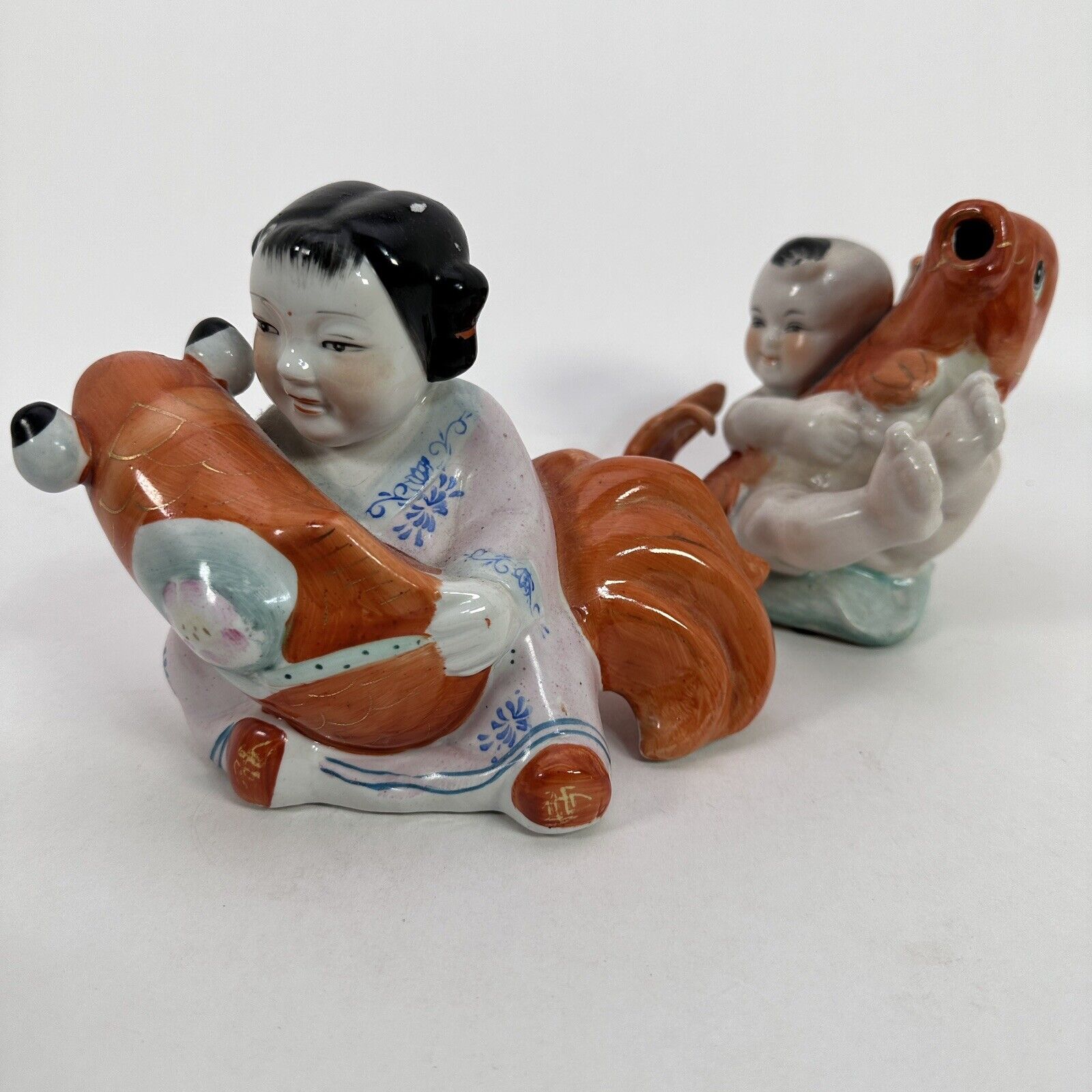 Pair Of Vintage Chinese Porcelain Figurines - Children With Koi Fish