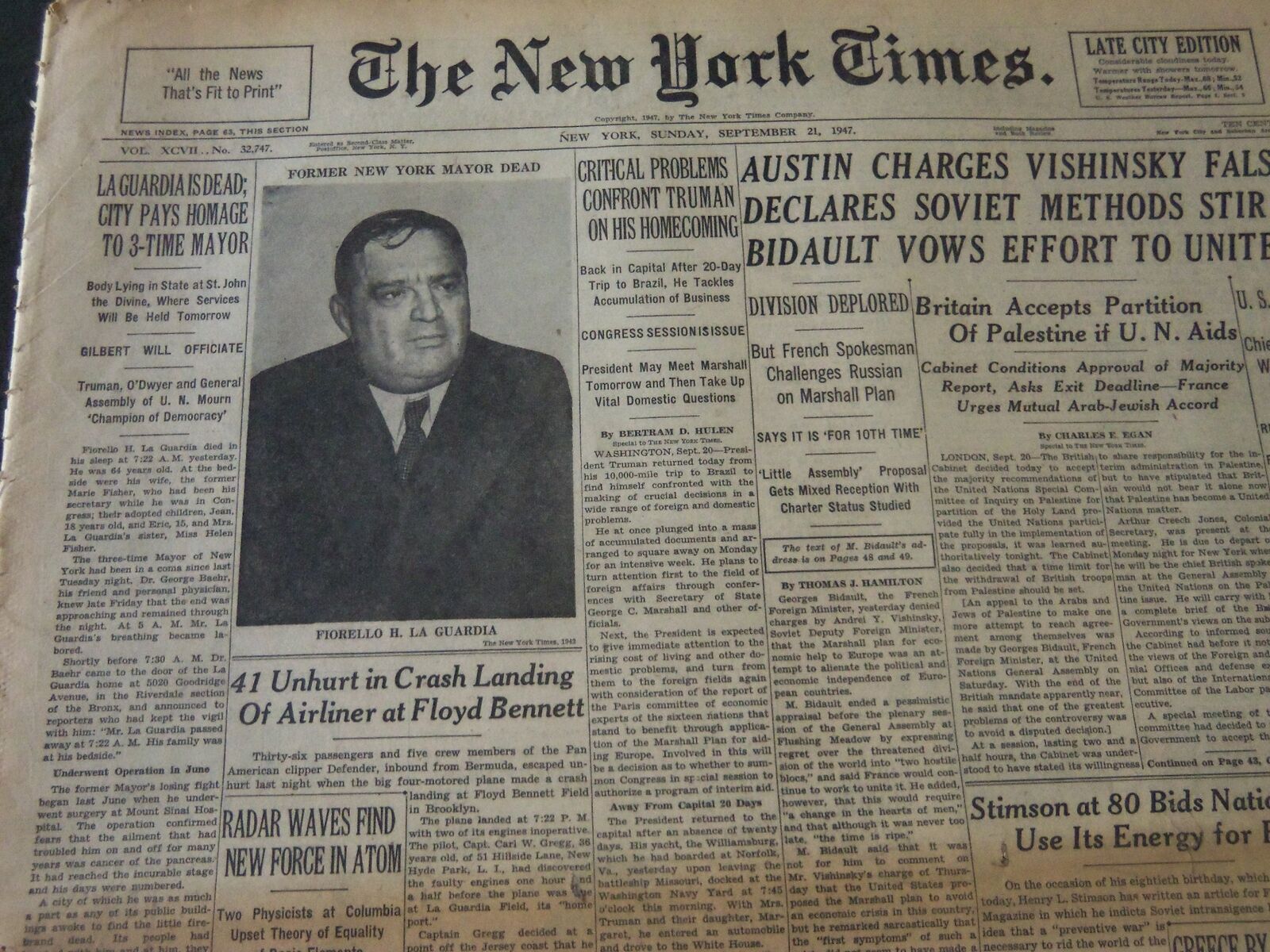 1947 SEPTEMBER 21 NEW YORK TIMES NEWSPAPER - LAGUARDIA IS DEAD AT 64 - NT 5514