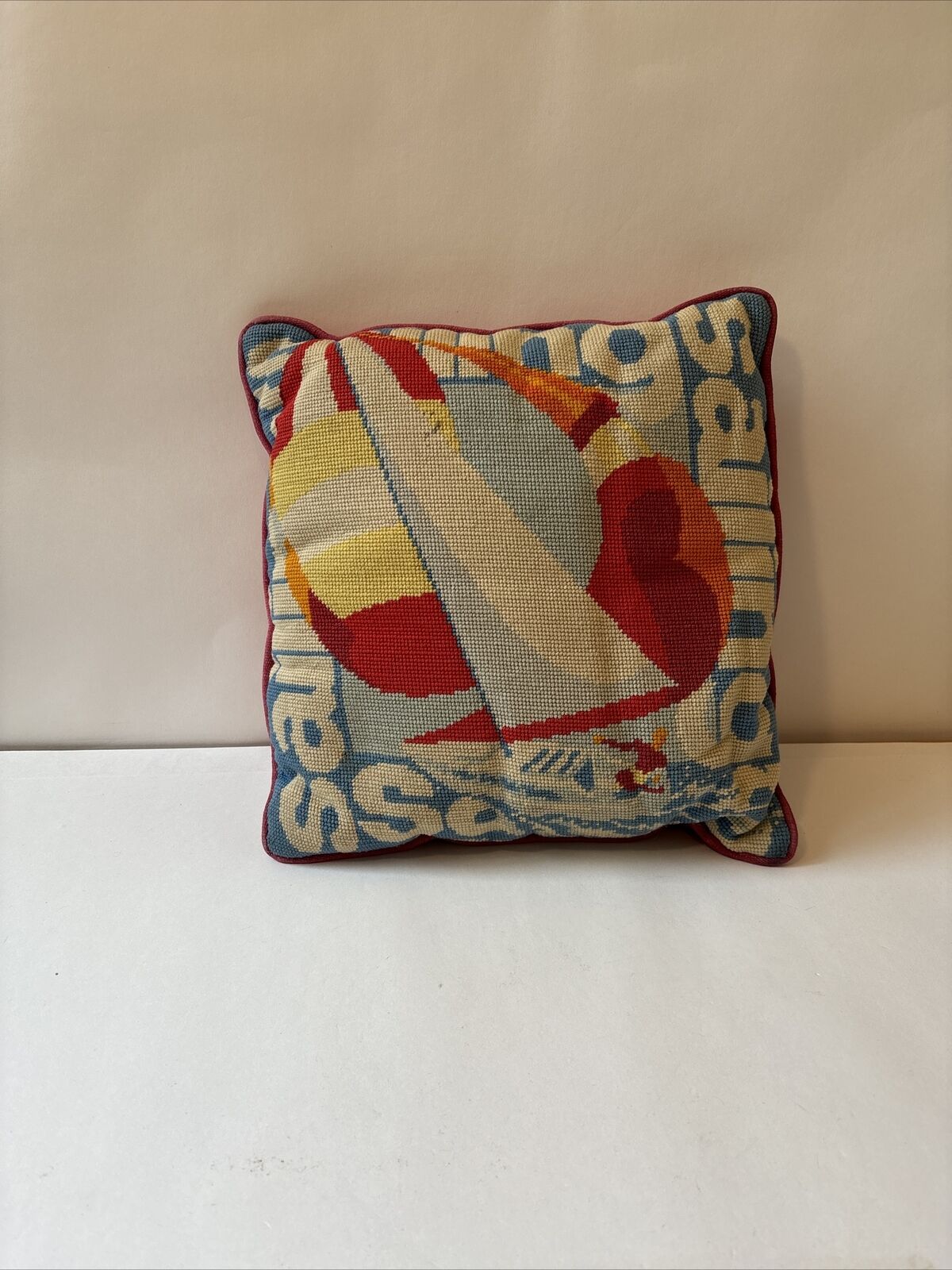 Vintage Needlepoint Sailing Pattern Throw Pillow - Flaw (Some stains)
