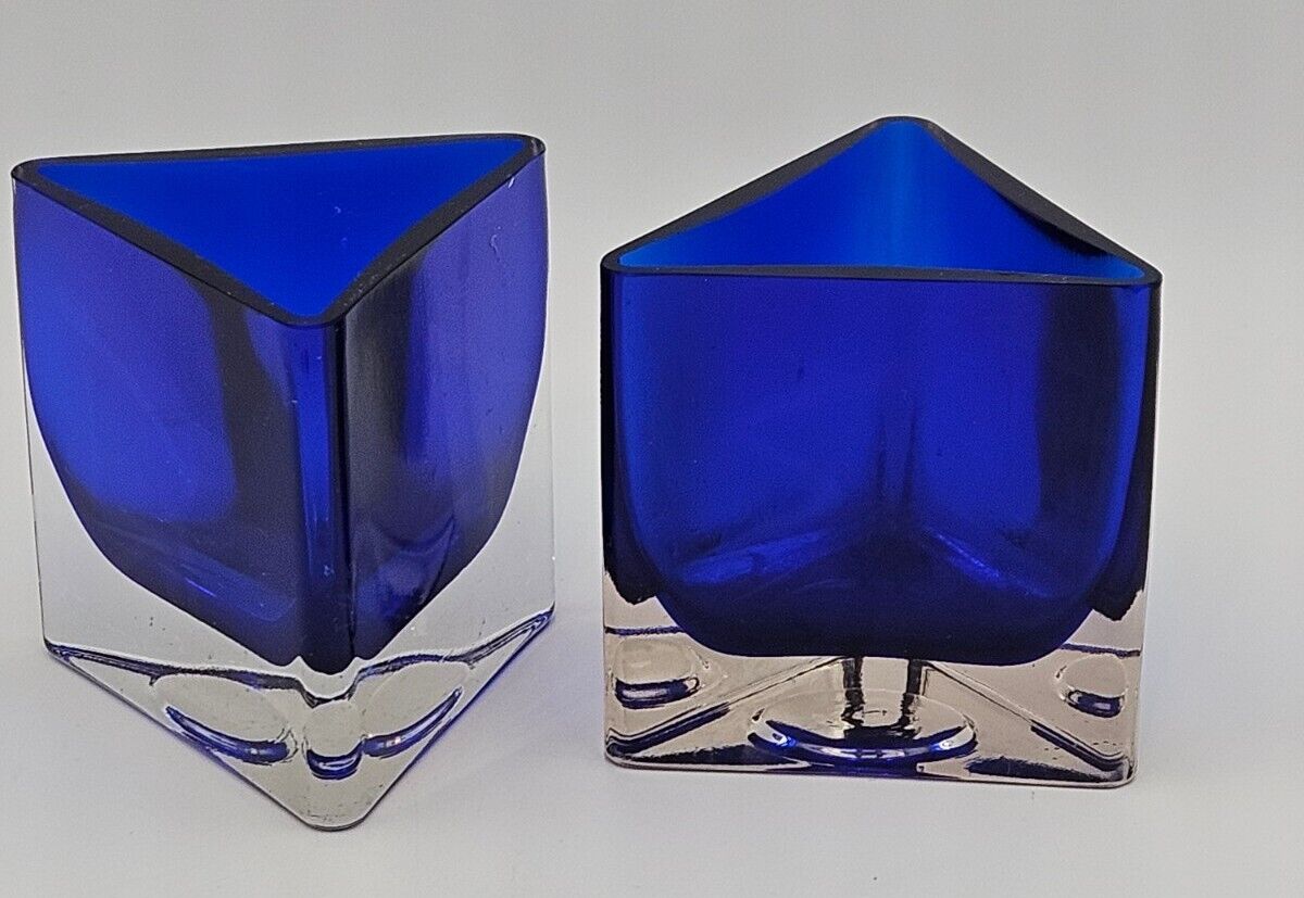 Pair Of Cobalt Blue And Clear Hand Blown Glass Triangle Votive Candle Holders 
