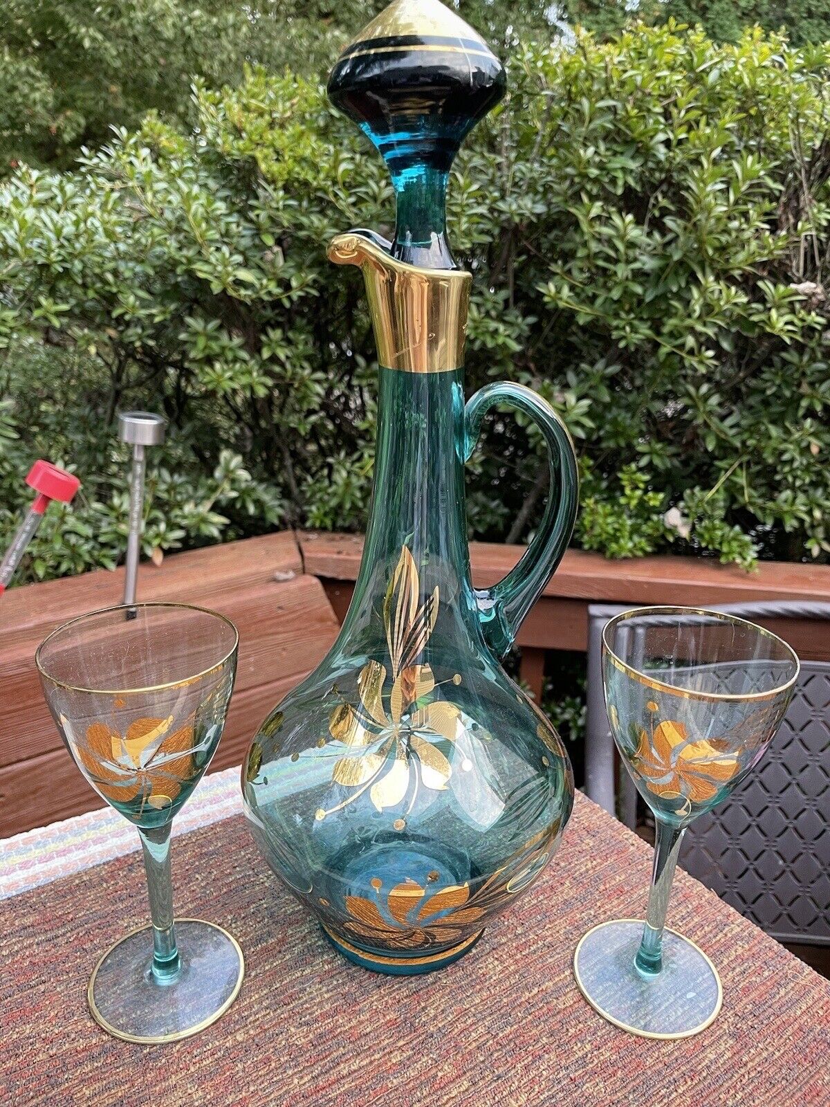 VTG Hungarian Teal  Blue Decanter With Stopper And 2 Cordial Glasses Gold Gilt