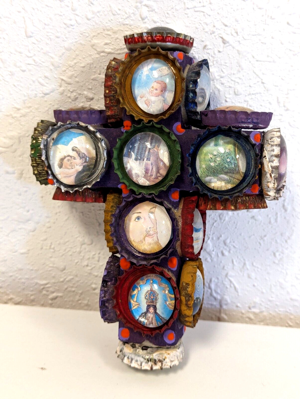 Wooden Bottle Caps Handmade Mexican Folk Art Primitive Cross Madonna Saints