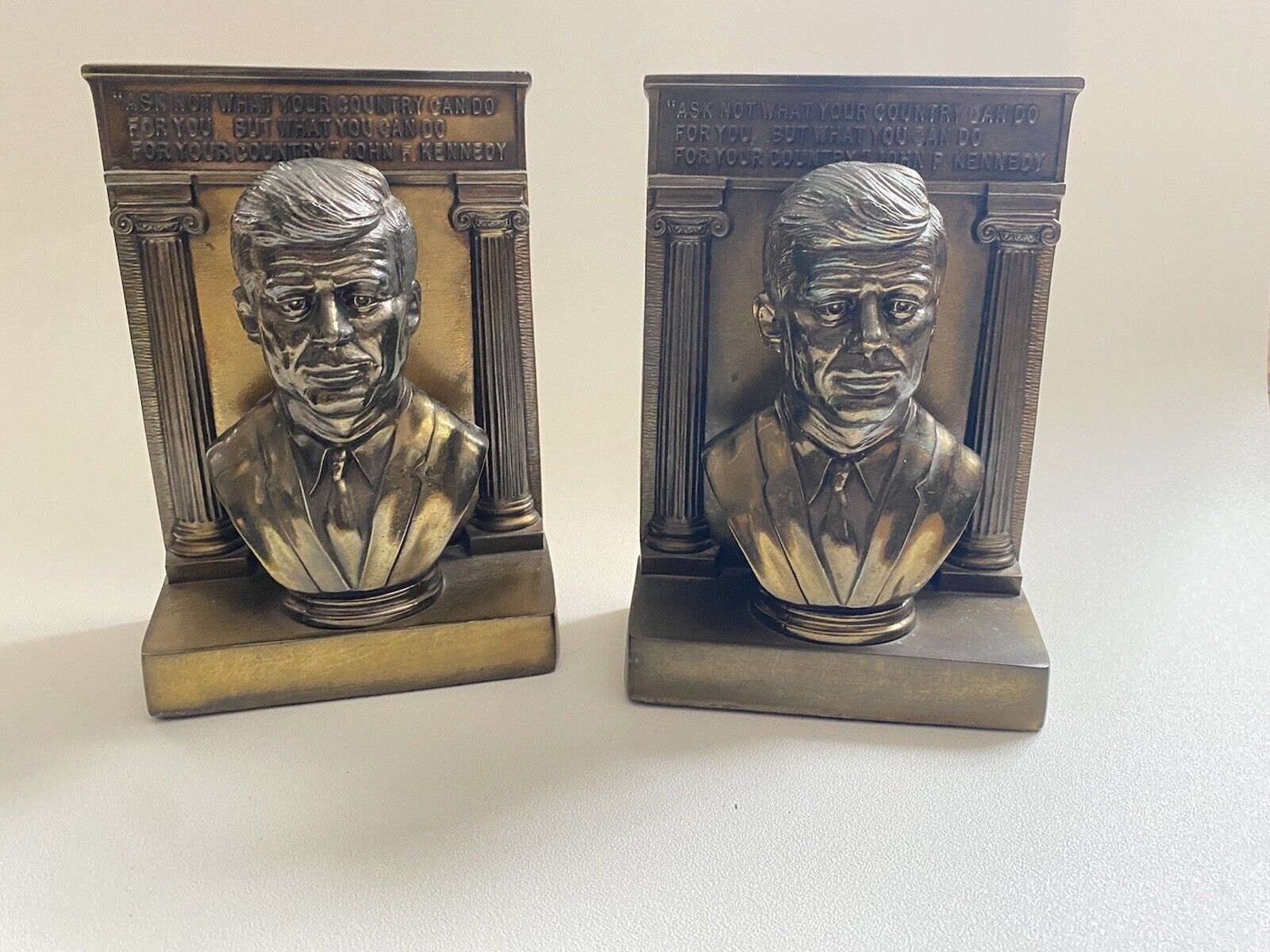 Vintage JFK John F. Kennedy 8” Brass Bookends Pair “ASK NOT WHAT YOUR COUNTRY…