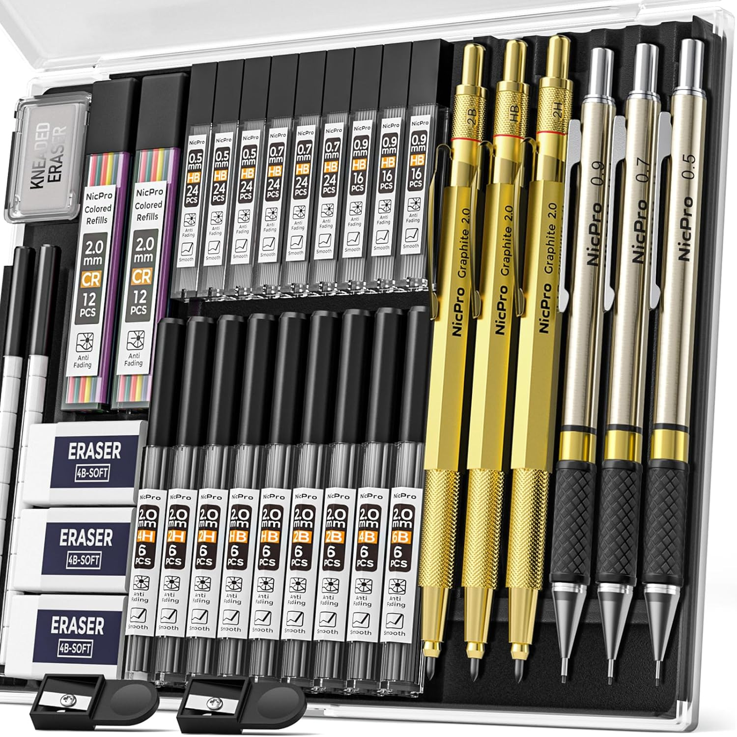 35PCS Art Mechanical Pencils Set, 3PCS Gold Metal Drafting Pencil 0.5 mm & 0.7 m