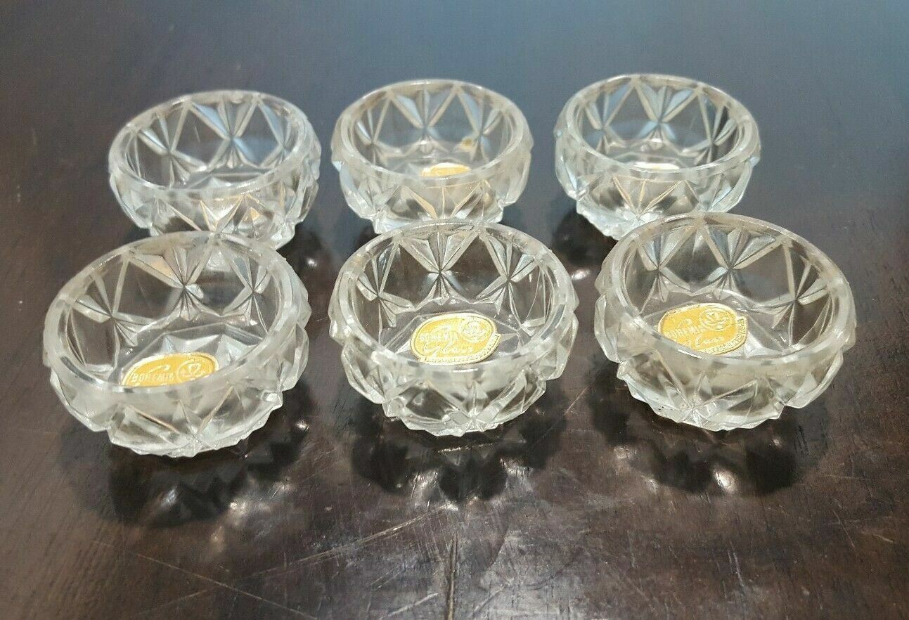 Czechoslovakia Open Salts Dip Bowl Lot of 6 Vintage Crystal Clear Bohemia Glass 