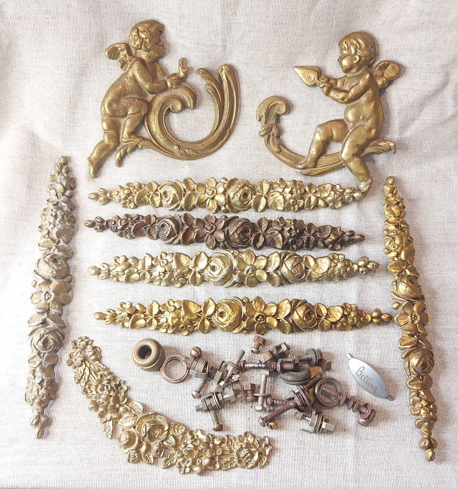 Vintage Matt Gold Gilted Brass / Metal Cherub & Floral Furniture Embellishments