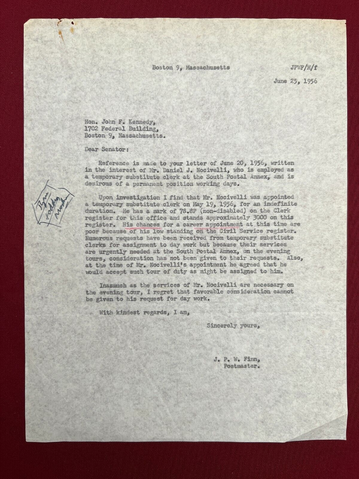 Senator John F. Kennedy Memorabilia J. Finn Postmaster Letter Correspondence