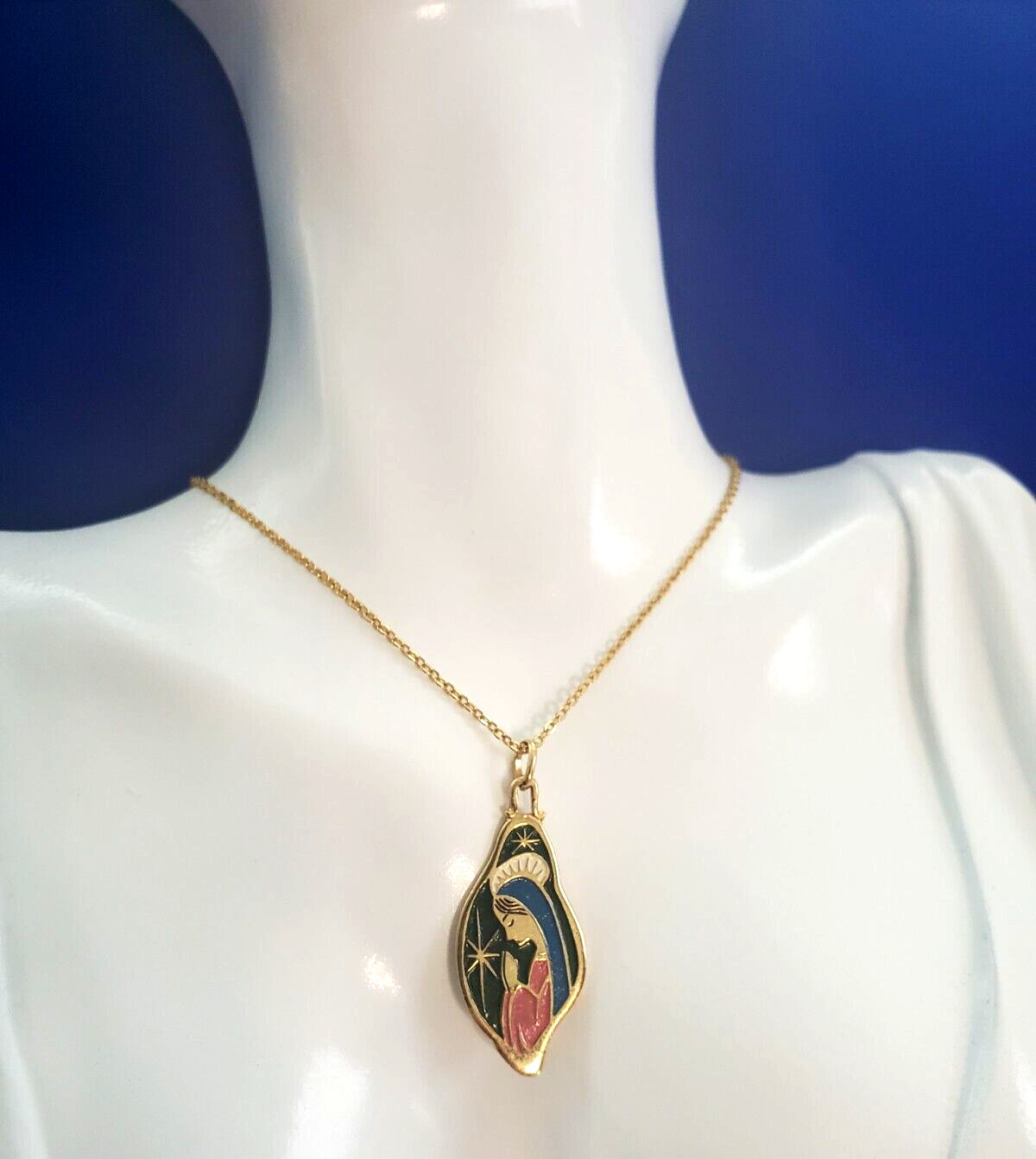 Enamel pendant Madonna and gold tone necklace