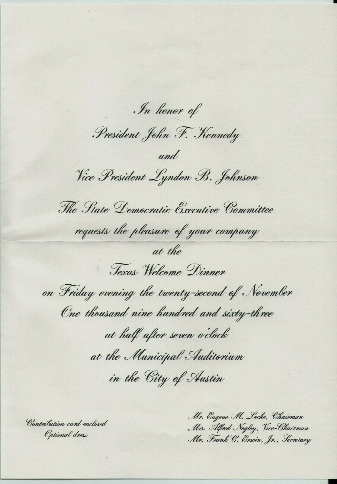 John Kennedy Texas Welcome Dinner Invitation - Night of Assassination 1963 