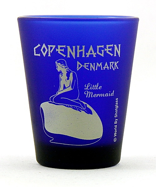 COPENHAGEN DENMARK LITTLE MERMAID COBALT BLUE FROSTED SHOT GLASS SHOTGLASS