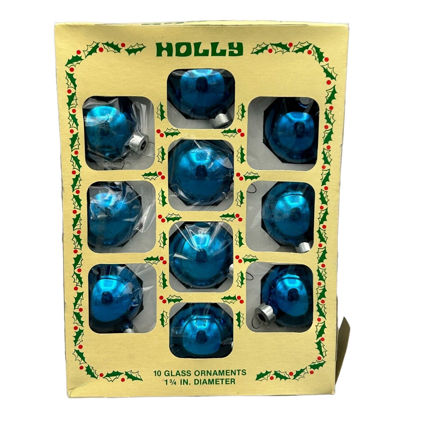 10 Vintage Holly Decorations Blue Glass Christmas Ornaments 1-3/4\