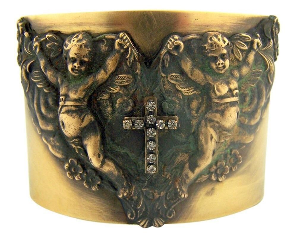Guardian Angels with Crystal Cross Antique Style Bronze Tone Wide Cuff Bracelet