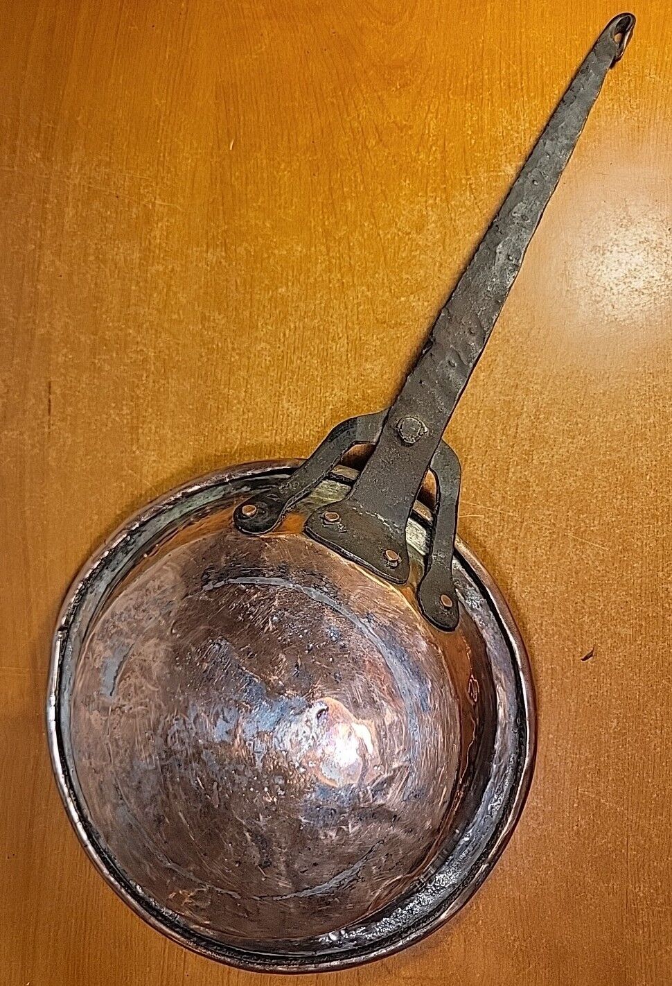 Antique 1800s Primitive Tinned Copper Pan w/Hand Wrought Iron Handle 18.5\