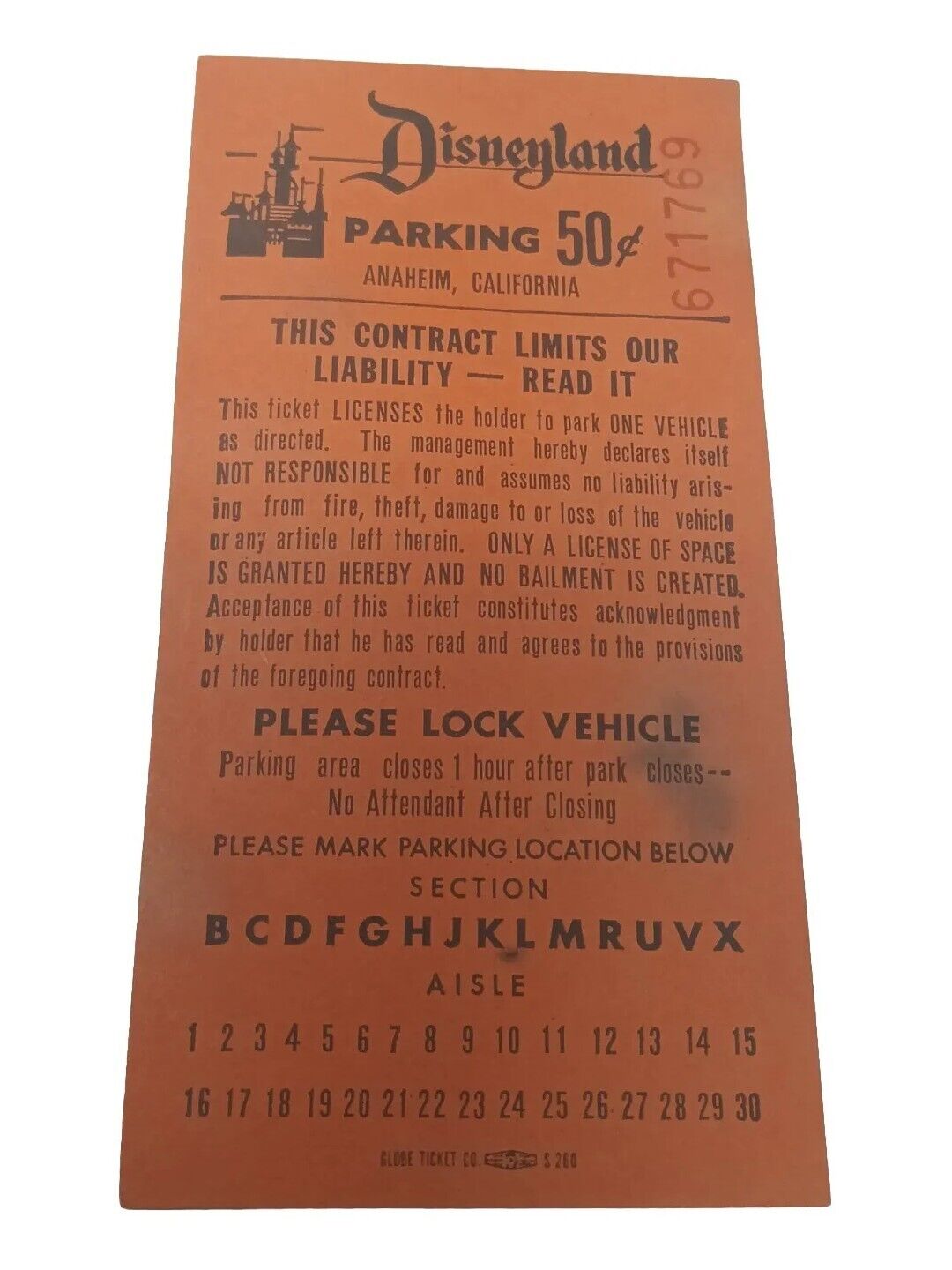 Vintage Disneyland 50 Cent Guest Parking Pass Ticket Disney Auto Park Rare