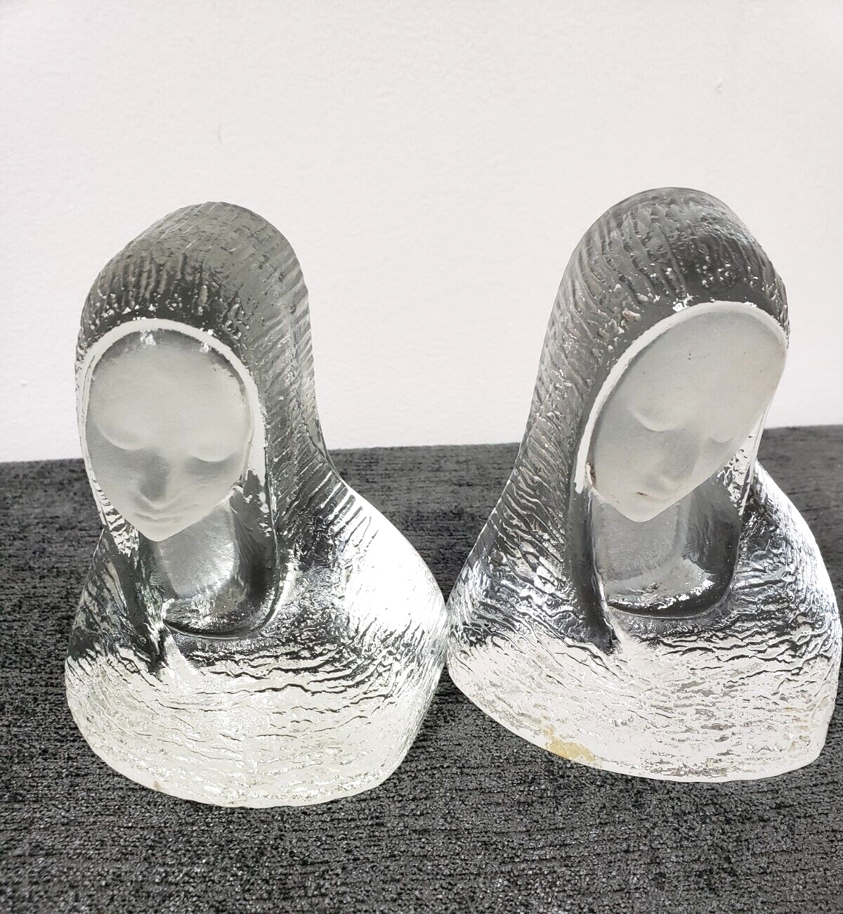 2 Glass Mary Madonna Statues Book Ends vintage frosted heavy weight 5in high