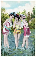 Three Bathing Beauties Smoking Cigarettes in Water Striped Swimsuits Postcard picture