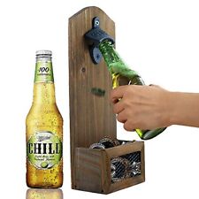 Wooden Wall Mounted Bottle Opener with Cap Catcher - Rustic Beer Lover Gift picture