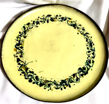 Yellow Enamel Copper Dish Signed Plate Green Wreath Gertrude Wood 1963 VTG MCM picture