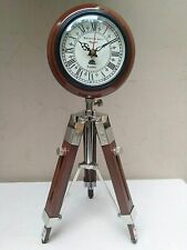 Antique Nautical Tripod Stand Clock Steel Finish Table Clock Vintage Style Wood picture