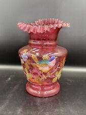 VICTORIAN CRANBERRY COIN DOT VASE WITH HAND PAINTED BIRD DESIGN picture