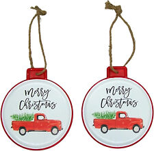 Set of 2 Round Tin Merry Christmas Ornaments, Festive Hanging Holiday Decor picture