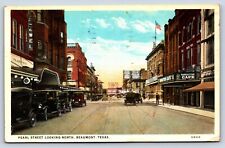 Postcard TX Beaumont View Pearl St Manhattan Cafe Jewlery Store Sign Old Cars L1 picture