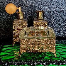 Vtg Gold & Glass Hollywood Regency Glam Vanity Set •Perfume Lotion Powder Box• picture