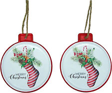 Round Tin Merry Christmas Ornaments with a Stocking, Holiday Decor, Set of 2 picture