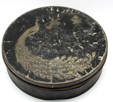 Vintage Black Decorative Round Tin Can Peacock Design Lid Diameter 10