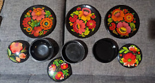 Rare Soviet 6-piece Set Hand-Painted floral wood plates & decorative boxes USSR picture