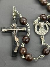 Vintage Madonna Center Rosary 1-1/2” Tall Abstract Crucifix Brown Seed Beads K8 picture
