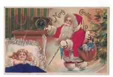 Silk Santa Claus with Sleeping Girl~Clock~Toys ~Antique Christmas Postcard~h920 picture