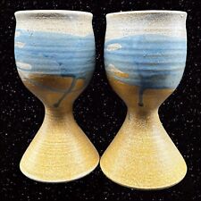 Hand Made Art Pottery Goblet Set Signed Blue Wine Water Goblets Vintage 8”T 4”W picture
