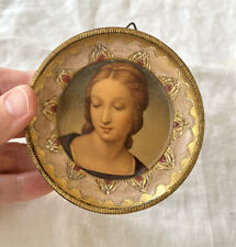 Vintage Florentine Raphael Madonna Round Framed Portrait on Wood  3.5