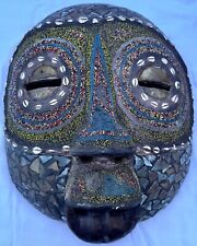 Vintage Very Large African Hand Carved Wood Decorative Tribal Mask Brass, Beaded picture