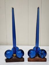 Pair Of Vintage Blue Lucite Acrylic Tapered Candle Holder Set Balls on Wood Base picture