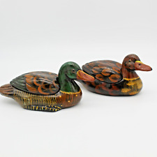 Duck Jewelry Boxes Glass Eyes Drake & Hen set  Mallard Hand Painted Trinket VTG picture