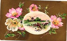 VTG EMBOSSED Postcard- PINK FLOWERS AROUND A COUNTRY SCENE 1910 UnPost picture